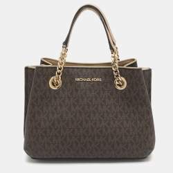 مملوكة مسبقًا Michael Kors Teagen Small Brown Signature Coated Canvas Satchel