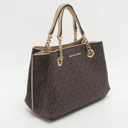 Pre Owned Michael Kors Teagen Small Brown Signature Coated Canvas Satchel
