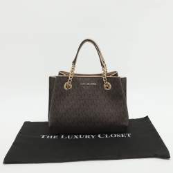 Pre Owned Michael Kors Teagen Small Brown Signature Coated Canvas Satchel