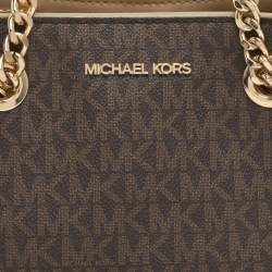 Pre Owned Michael Kors Teagen Small Brown Signature Coated Canvas Satchel