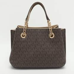 Pre Owned Michael Kors Teagen Small Brown Signature Coated Canvas Satchel