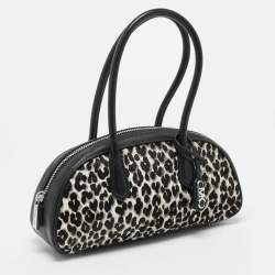Pre Owned حقيبة ساتشل مايكل كورس لولو جلد وماعز أسود/أبيض بنقشة الفهد صغيرة