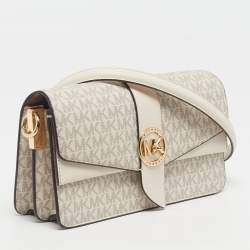 مملوكة مسبقًا حقيبة يد مايكل كورس جرينيتش قماش مكسو بنقشة شعار وجلد أبيض فاتح متوسطة