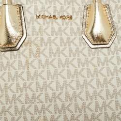 Pre Owned حقيبة مايكل كورس ميرسر صغيرة قماش مزخرف ذهبي/أبيض