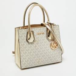 Pre Owned حقيبة مايكل كورس ميرسر صغيرة قماش مزخرف ذهبي/أبيض