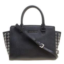 Pre Owned Michael Michael Kors Black Leather Medium Selma Eyelet Top Handle Bag