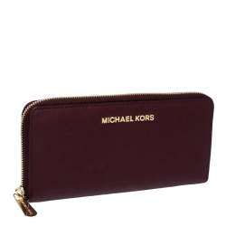 Pre Owned Michael Kors Burgundy Saffiano Leather Zip Around Wallet
