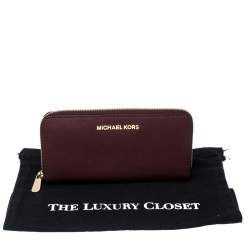 Pre Owned Michael Kors Burgundy Saffiano Leather Zip Around Wallet
