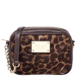 Pre Owned Michael Kors Leopard Print Calf Hair Ginny Camera Crossbody