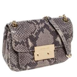 Pre Owned Michael Kors Grey Python Embossed Leather Turnlock Crossbody Bag