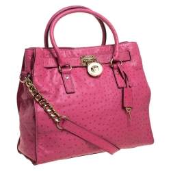 Pre Owned MICHAEL Michael Kors Pink Ostrich Embossed Leather Large Hamilton North South Tote