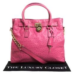 Pre Owned MICHAEL Michael Kors Pink Ostrich Embossed Leather Large Hamilton North South Tote