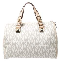 Pre Owned MICHAEL Michael Kors Ivory/Beige Signature Coated Canvas and Leather Grayson Boston Bag