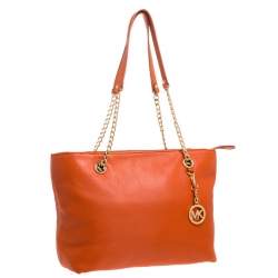 Pre Owned MICHAEL Michael Kors Orange Leather Jet Set Chain Tote