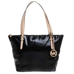 Pre Owned Michael Michael Kors Black Python Embossed Leather Top Zip Jet Set Tote