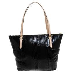 Pre Owned Michael Michael Kors Black Python Embossed Leather Top Zip Jet Set Tote