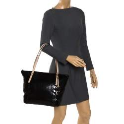 Pre Owned Michael Michael Kors Black Python Embossed Leather Top Zip Jet Set Tote