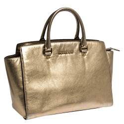 Pre Owned MICHAEL Michael Kors Gold Leather Large Selma Satchel