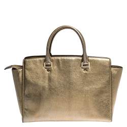 Pre Owned MICHAEL Michael Kors Gold Leather Large Selma Satchel