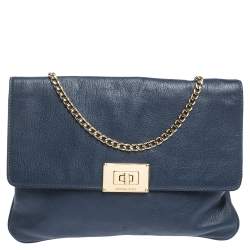 Pre Owned MICHAEL Michael Kors Blue Leather Turnlock Chain Clutch