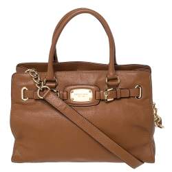 Pre Owned MICHAEL Michael Kors Brown Leather Logo Plaque Tote