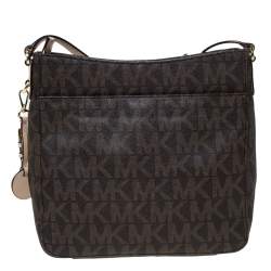 Pre Owned Michael Michael Kors Brown Coated Canvas and Leather Jet Set Travel Messenger Bag