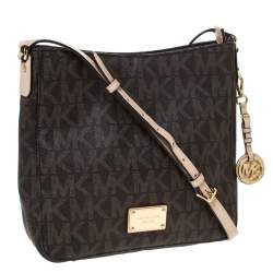 Pre Owned Michael Michael Kors Brown Coated Canvas and Leather Jet Set Travel Messenger Bag