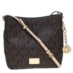 Pre Owned Michael Michael Kors Brown Coated Canvas and Leather Jet Set Travel Messenger Bag