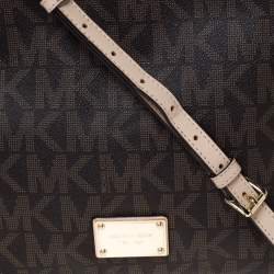 Pre Owned Michael Michael Kors Brown Coated Canvas and Leather Jet Set Travel Messenger Bag