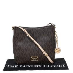 Pre Owned Michael Michael Kors Brown Coated Canvas and Leather Jet Set Travel Messenger Bag