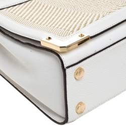 Pre Owned Michael Kors White Leather and Straw Medium Kinsley Accordion Tote