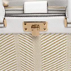 Pre Owned Michael Kors White Leather and Straw Medium Kinsley Accordion Tote
