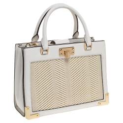 Pre Owned Michael Kors White Leather and Straw Medium Kinsley Accordion Tote