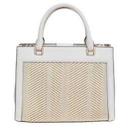 Pre Owned Michael Kors White Leather and Straw Medium Kinsley Accordion Tote