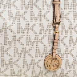 مملوكة مسبقًا حقيبة يد مايكل كورس جت ست صغيرة جلد وكانفاس مقوى بيج / أبيض 