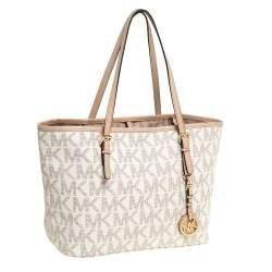 مملوكة مسبقًا حقيبة يد مايكل كورس جت ست صغيرة جلد وكانفاس مقوى بيج / أبيض 