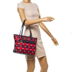 Pre Owned MICHAEL Micheal Kors Red/Blue Deco Print Nylon and Leather Kempton Tote