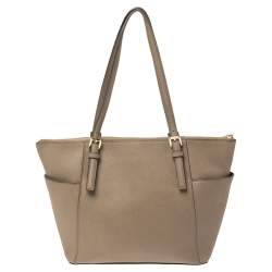 Pre Owned Michael Michael Kors Dark Beige Leather Medium Jet Set Top Zip Tote