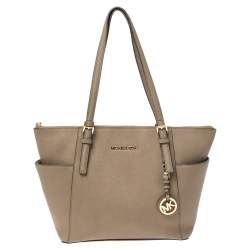 Pre Owned Michael Michael Kors Dark Beige Leather Medium Jet Set Top Zip Tote