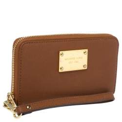 Michael Kors Brown Leather Jet Set Zip Around Wristlet Wallet