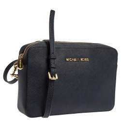 Pre Owned Michael Kors Navy Blue Leather Jet Set Crossbody Bag