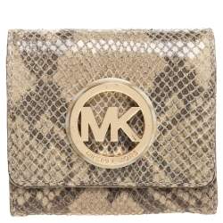 Pre Owned حقيبة يد مايكل مايكل كورس "جيت سيت" سحاب علوي جلد نقشة الثعبان بيج