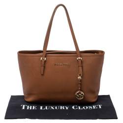 Pre Owned Michael Kors Brown Saffiano Leather Jet Set Middle Zip Tote