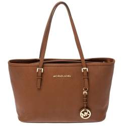 Pre Owned Michael Kors Brown Saffiano Leather Jet Set Middle Zip Tote