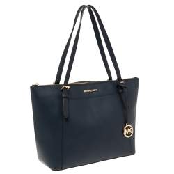 Pre Owned Michael Kors Blue Leather Large Voyager East/West Top Zip Tote 