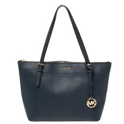 Pre Owned Michael Kors Blue Leather Large Voyager East/West Top Zip Tote 