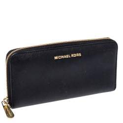 Pre Owned Michael Kors Black Leather Jet Set Travel Zip Around Wallet