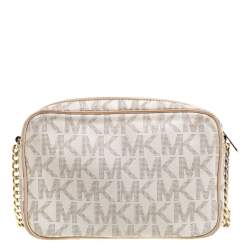 مملوكة مسبقًا حقيبة كروس مايكل كورس ويست /إيست كانفاس مقوى شهير بيج / بيضاء 