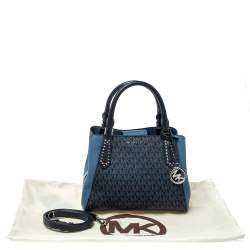 Pre Owned Michael Kors Two Tone Blue Signature Coated Canvas and Leather Kimberly Studded Satchel