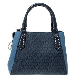 Pre Owned Michael Kors Two Tone Blue Signature Coated Canvas and Leather Kimberly Studded Satchel